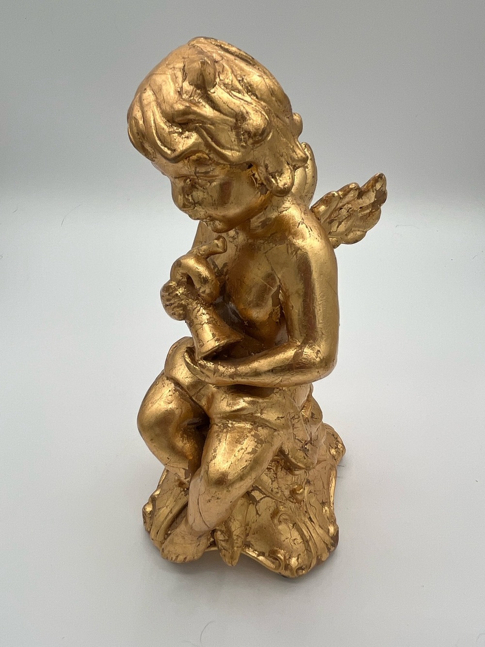 Nantucket Home Vintage Gold Plated Cherub Angel with Wings Figurine Holding Horn